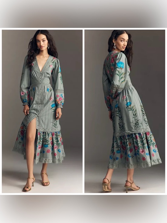 Anthropologie Dresses & Skirts - Anthropologie Floral Front Midi Dress Green Sundress Size 2X